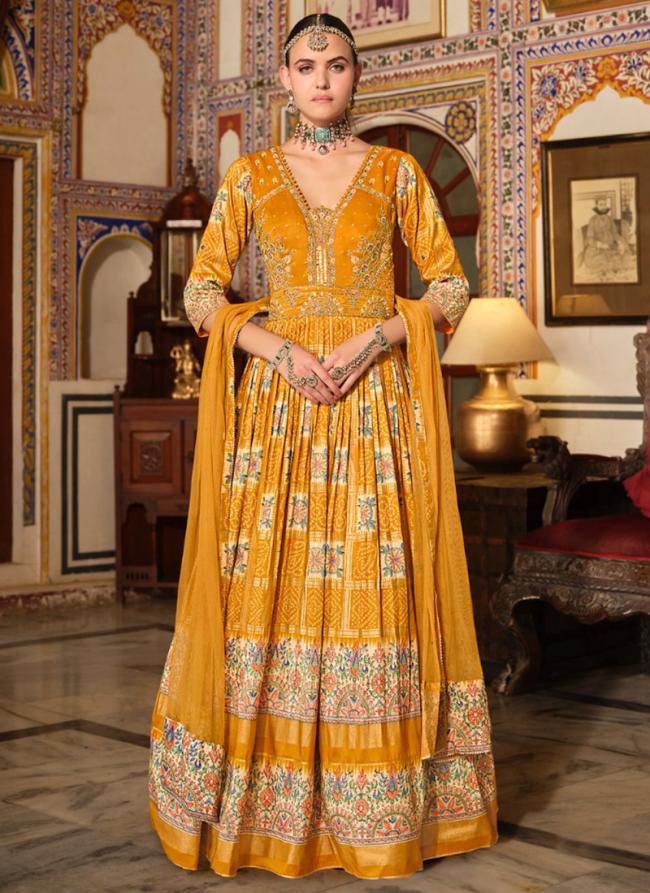 Silk Mustard Bridal Wear Printed Readymade Gown With Dupatta